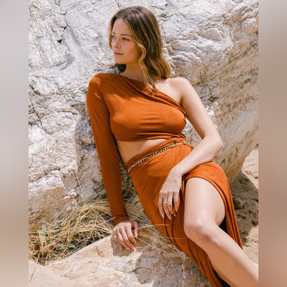 Torn by Ronny Kobo One-Shoulder Chain-Trim Rust EVERLEIGH DRESS NWT Size Small